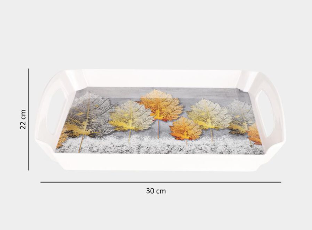 Rectangular Melamine Serving Tray with Handles, White Leaf Print Food Serving Platter, Lightweight Durable Multipurpose Tray for Tea, Coffee, Snacks, Breakfast, Fruits & Desserts, 30 x 22 cm