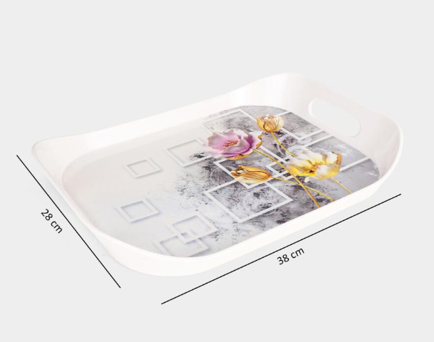 Large Melamine Serving Tray with Handles, Rectangular White Floral Printed Food Tray, Lightweight Durable Multipurpose Platter for Tea, Coffee, Breakfast, Snacks, Desserts & Beverages, 38 x 28 cm