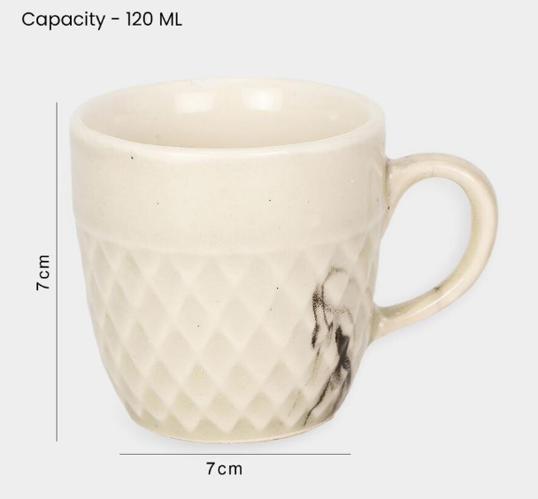 Bone China Coffee Mug Set of 6, 120 ml Cream Marble Design Tea Cups with Handles, Premium Drinking Mugs with Textured Finish for Tea, Coffee, Espresso, Green Tea & Beverages