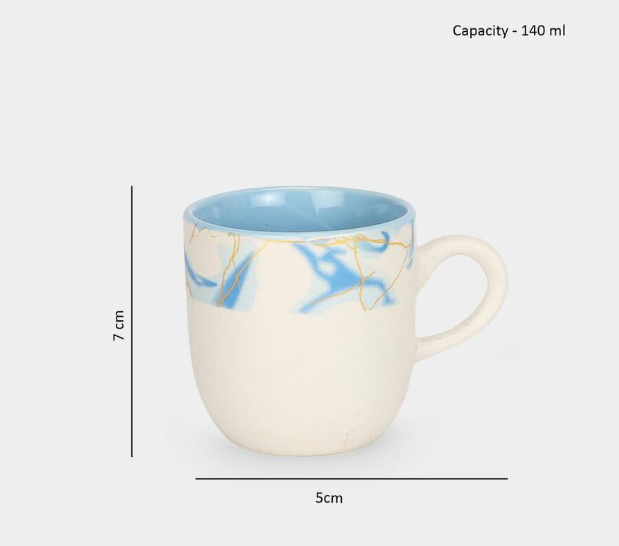 Bone China Mug Set of 6, 140 ml Blue Marble Design Coffee & Tea Cups with Handles, Premium Lightweight Drinking Mugs with Glossy Finish for Tea, Coffee, Espresso & Hot Beverages, 5 x 7 cm