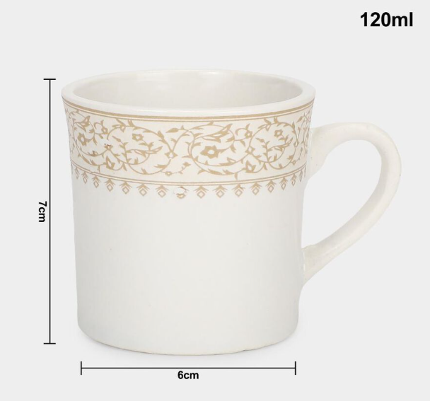 Bone China Mug Set of 6, 120 ml White Tea & Coffee Cups with Handles, Elegant Gold Floral Border Design Drinking Mugs, Premium Lightweight Drinkware for Tea, Coffee, Espresso, Green Tea & Hot Beverages, 7 x 6 cm