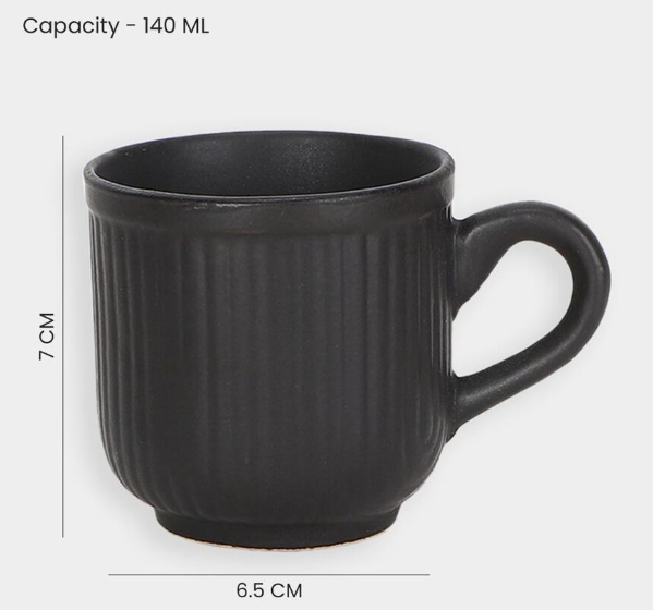 Bone China Mug Set of 6, 140ml Matte Black Ribbed Tea & Coffee Cups, Lightweight Elegant Drinking Mugs for Espresso, Cappuccino, Hot Chocolate & Hot Beverages, 7 x 6.5 cm