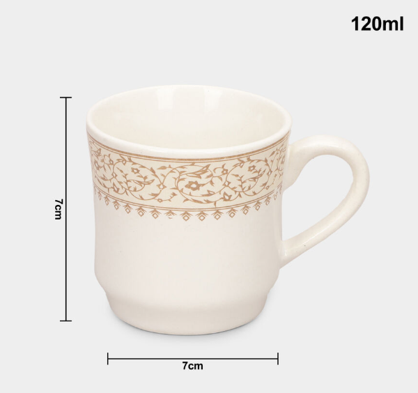 Stoneware Coffee Mug Set of 6, 120ml White Tea & Coffee Cups with Beige Floral Border Design, Ceramic Drinking Mugs with Handles for Espresso, Green Tea & Hot Beverages, 7 x 7 cm