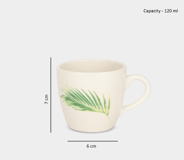 Stoneware Coffee Mug Set of 6, 120ml White Tea & Coffee Cups with Green Tropical Leaf Design, Ceramic Drinking Mugs with Handles for Espresso, Green Tea & Hot Beverages, 7 x 6 cm