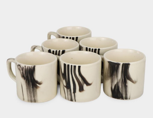 130ml Stoneware Coffee Mug Set of 6, White Tea & Coffee Cups with Modern Abstract Black Brushstroke Design, Ceramic Mugs with Handles for Espresso, Tea & Hot Beverages, 7 x 6 cm