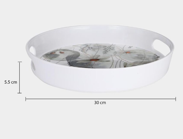 Round Melamine Serving Tray with Handles, 30 cm Diameter Floral Print Food Tray with Raised Edges, Lightweight Decorative Tray for Tea, Coffee, Snacks, Breakfast & Beverages, White