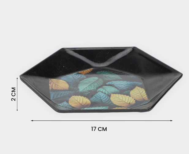 Melamine Snack Serving Plate Set of 4, Hexagonal Black Plates with Multicolour Leaf Print Design, Decorative Multipurpose Plates for Snacks, Starters, Desserts, Dry Fruits & Appetizers, 17 x 17 x 2 cm