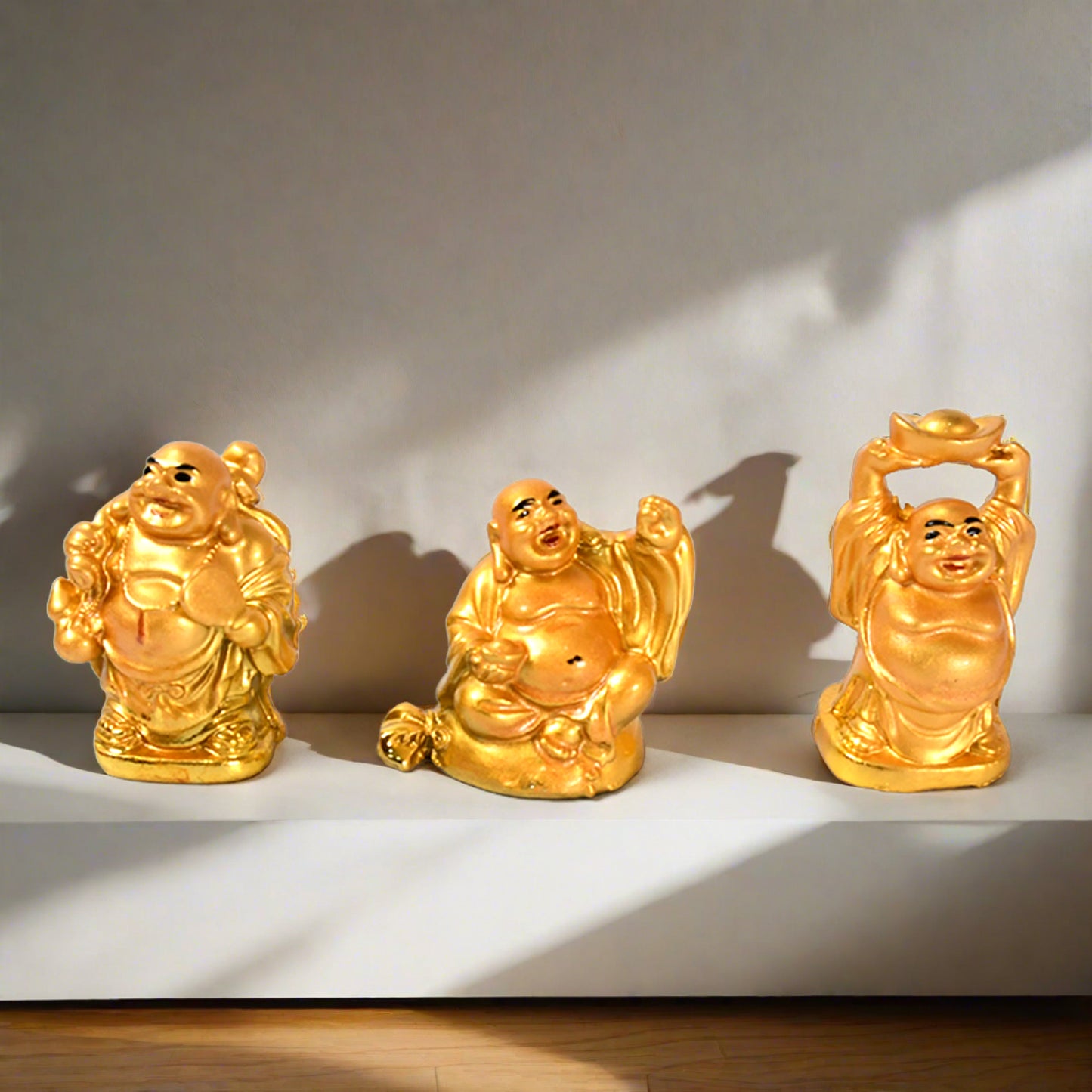Golden Laughing Buddha Figurines, Set of 6 Unique Poses, 26 cm, Antique Gold