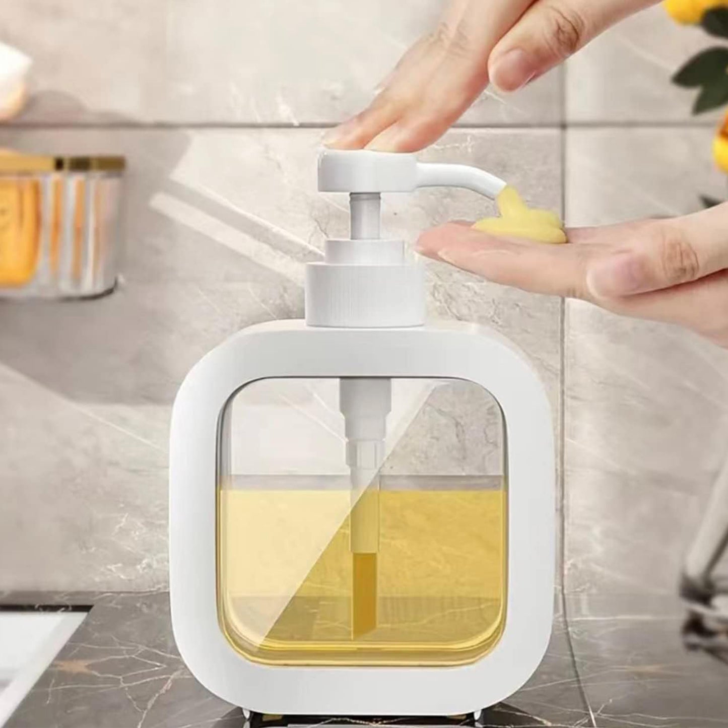 Modern Square Soap Dispenser, Refillable Pump Bottle for Kitchen and Bathroom, 14 cm x 6 cm x 13 cm, White