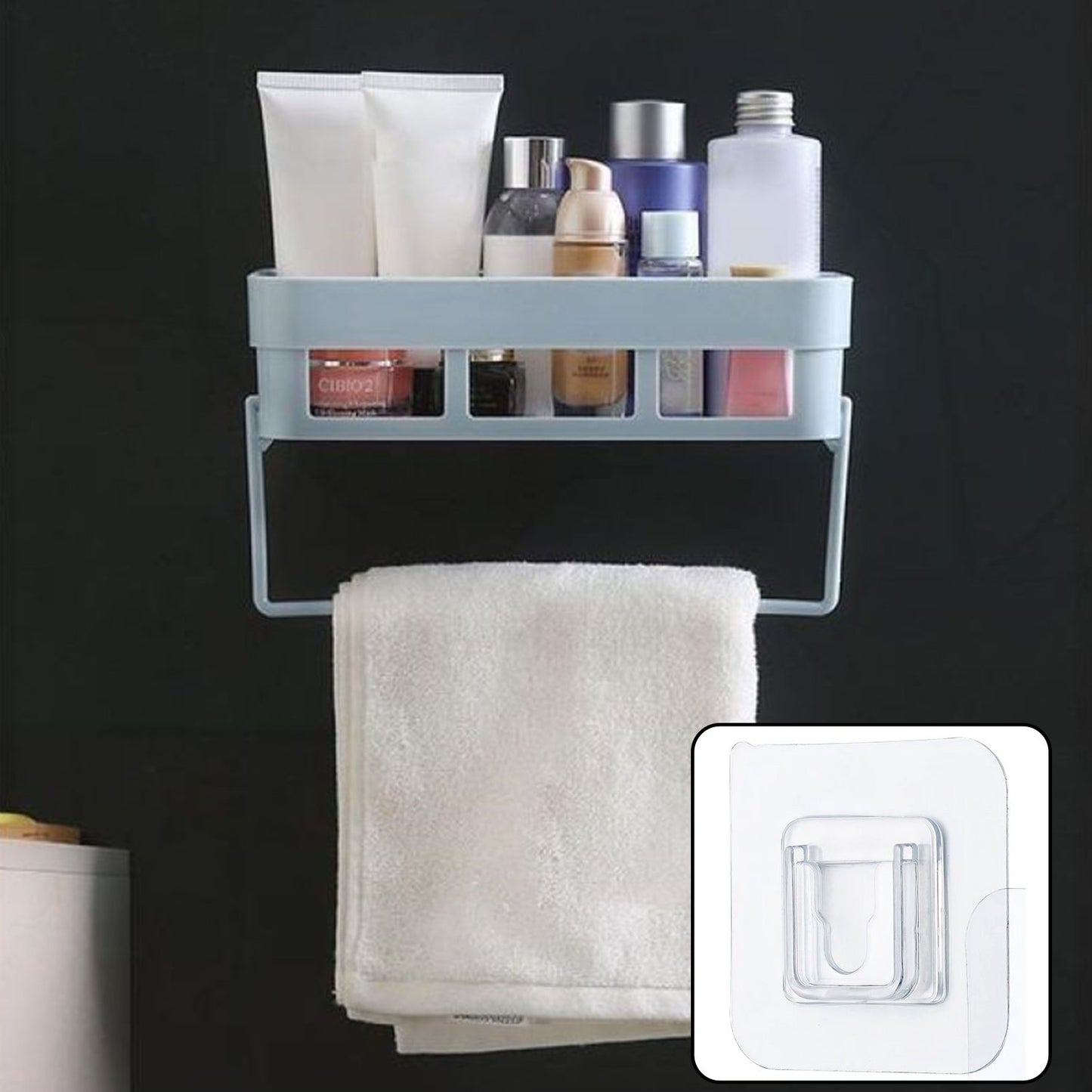 Adhesive Wall Mount Bathroom Storage Shelf with Towel Bar, 27 x 11 x 8 cm