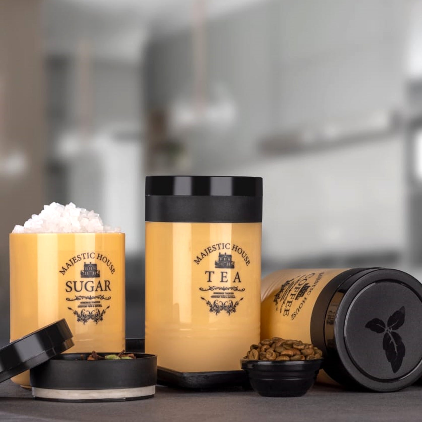 Airtight Kitchen Storage Containers Set, Tea Coffee Sugar Canisters, 3 Pieces, Black Lid, 34 cm x 15 cm