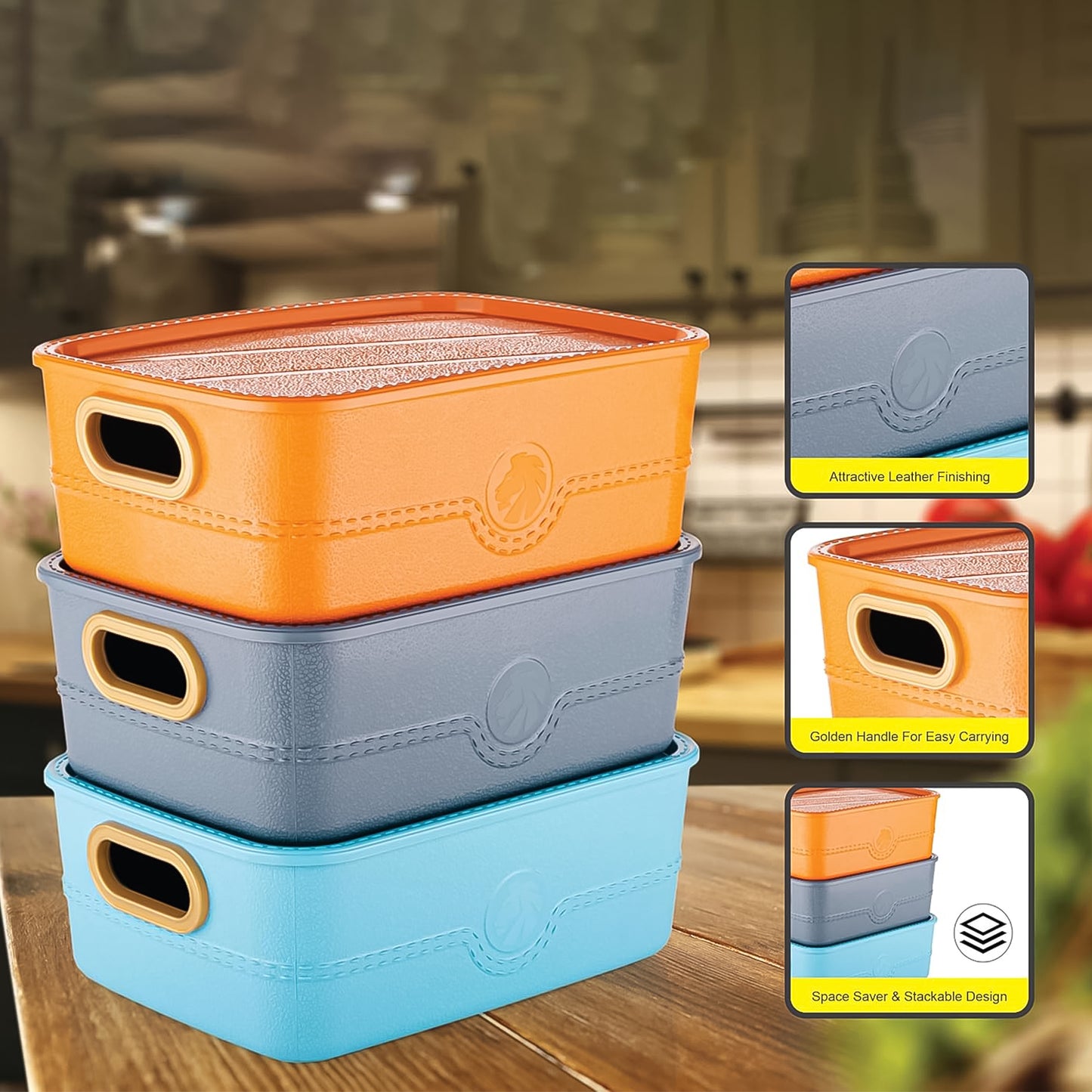 Stackable Storage Bins with Handles, 22 x 22 x 28 cm, Faux Leather Finish, Set of 3, Multi-Colour