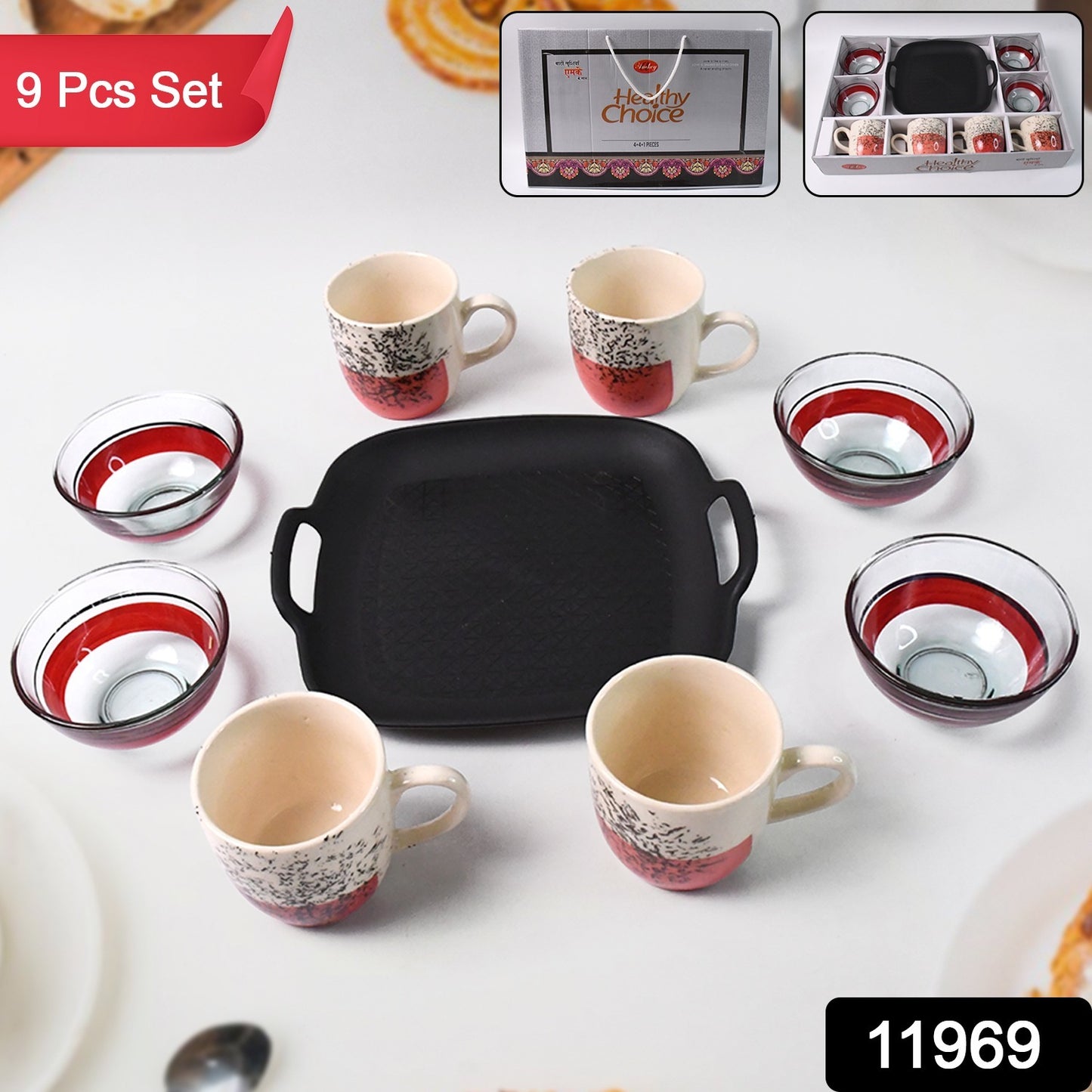 Healthy Choice 9-Piece Ceramic Cup & Glass Bowl Set with Plastic Plate