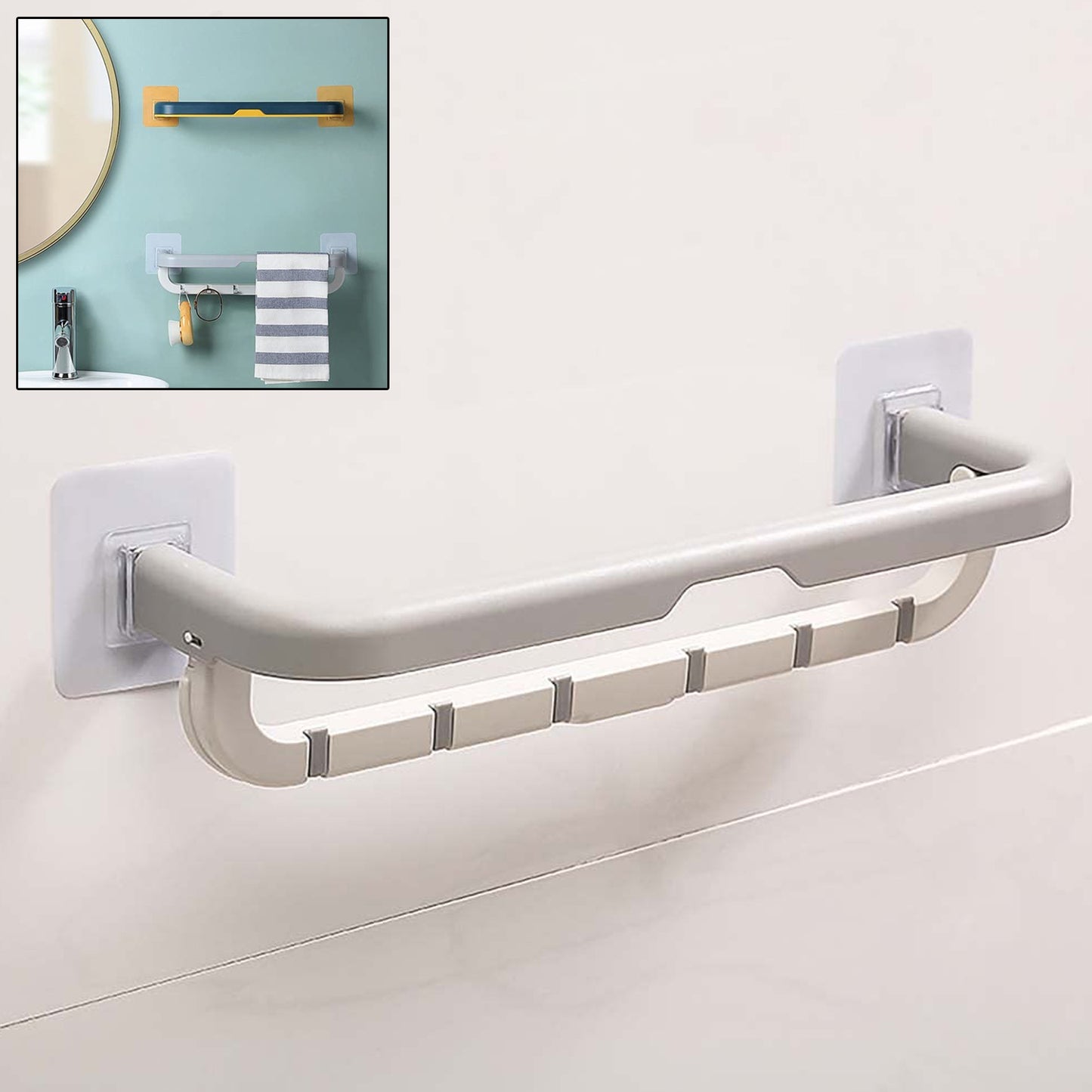 Wall Mounted Double Bar Towel Holder, 37 cm Length, Foldable Bathroom Rack with Hooks, No-Drill Installation
