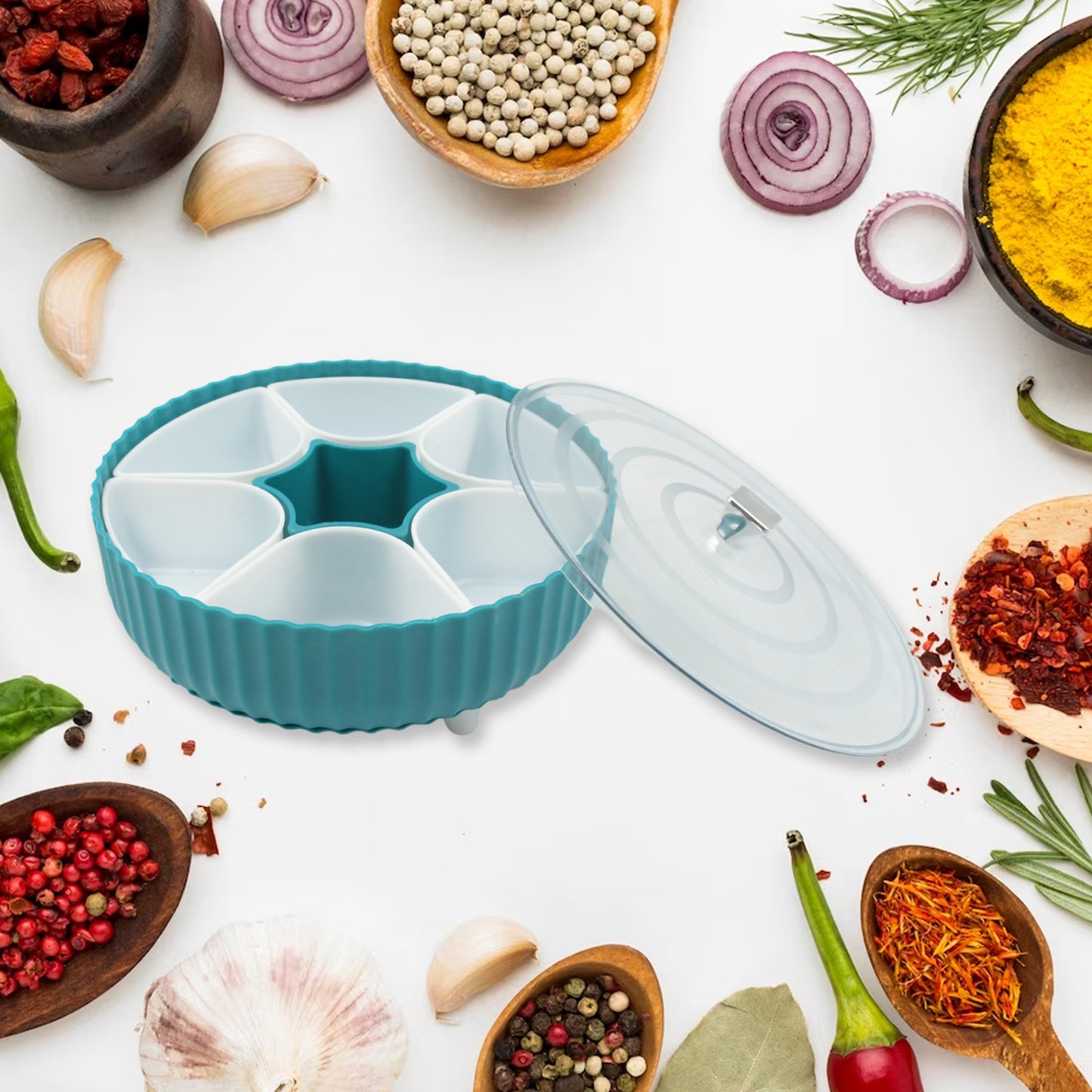 360° Revolving Spice & Dry Fruit Box | 7 Compartment Plastic Organizer for Spices, Tea, Sugar, Pickles, and More | Space-Saving Kitchen Storage Solution