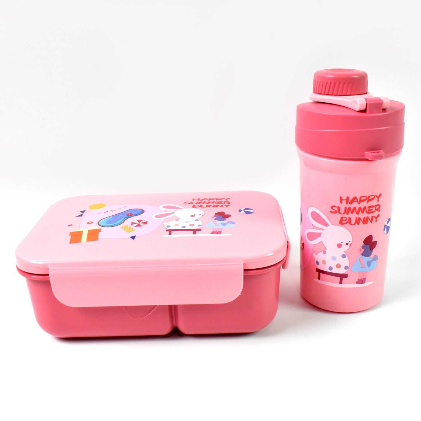 Plastic Lunch Box Combo – Leak-Proof 2-Compartment with Bottle & Fork | Microwave & Freezer Safe | Mix Color (1 Set)