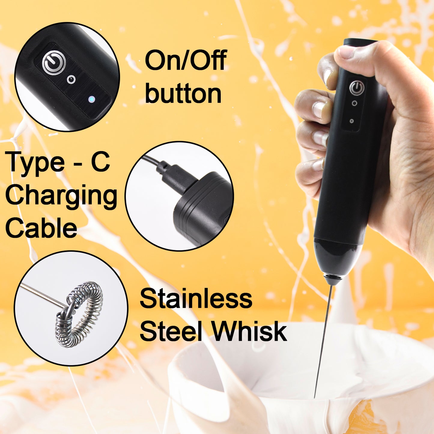 Small Electric Handheld Milk Frother with Stainless Steel Whisk – Battery-Operated Foam Maker for Coffee, Latte, Cappuccino, Hot Chocolate & More – High-Speed Portable Drink Mixer with Power Button (1 Pc)