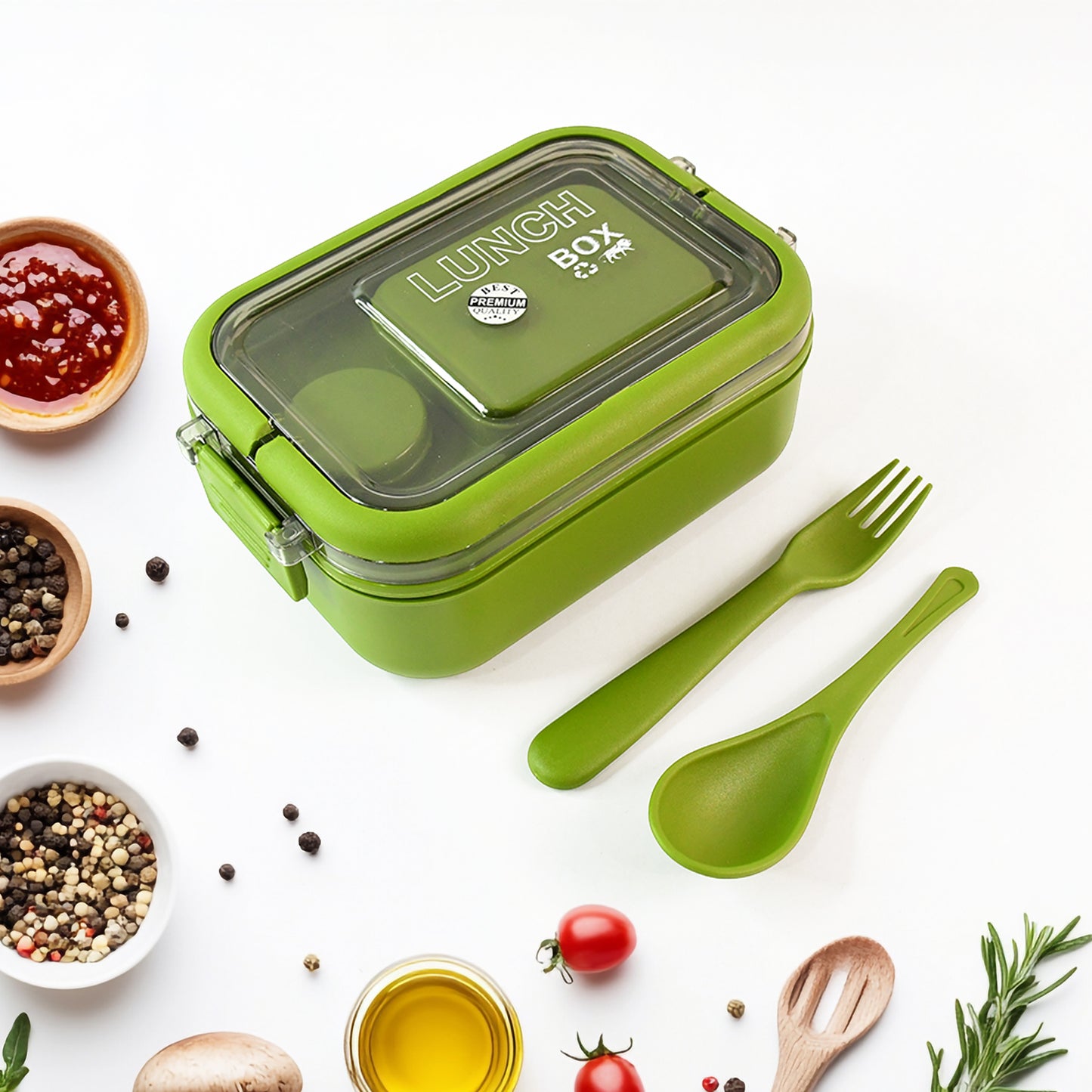Lunch Box with Leakproof Compartments, 20 cm x 13 cm x 8 cm, BPA-Free, Includes Spoon-Fork Set