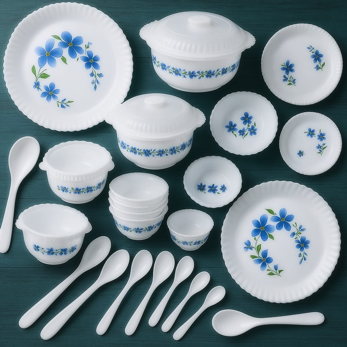 36-Piece Opalware Dinner Set, White with Blue Floral Pattern, Plates, Bowls and Spoons