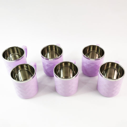 Silika Double Wall Tea Cup Set, 200ml, Stainless Steel Inner, Diamond Pattern, 6 Pieces