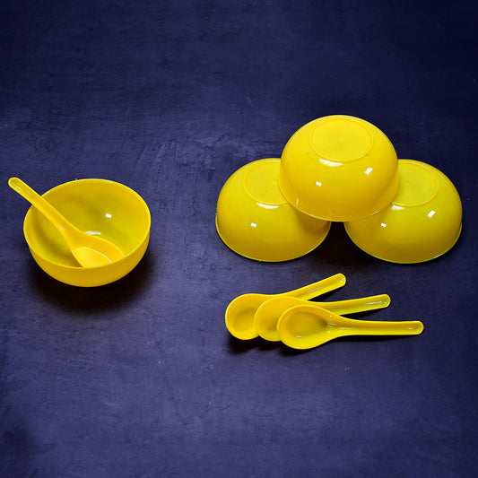 Yellow Plastic Soup Bowl and Spoon Set, 6 Bowls and 6 Spoons, 11 cm, Kitchen and Dining