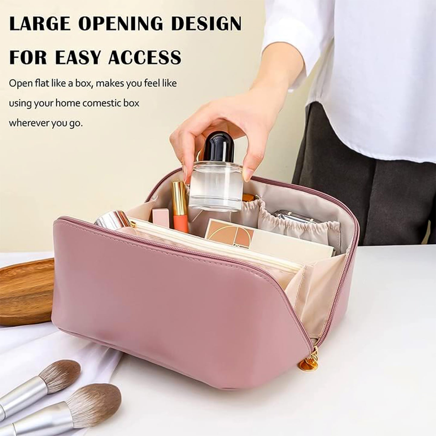 Premium Makeup Organizer Bag, Pink, 28 x 14 x 5 cm, Waterproof with Multiple Compartments