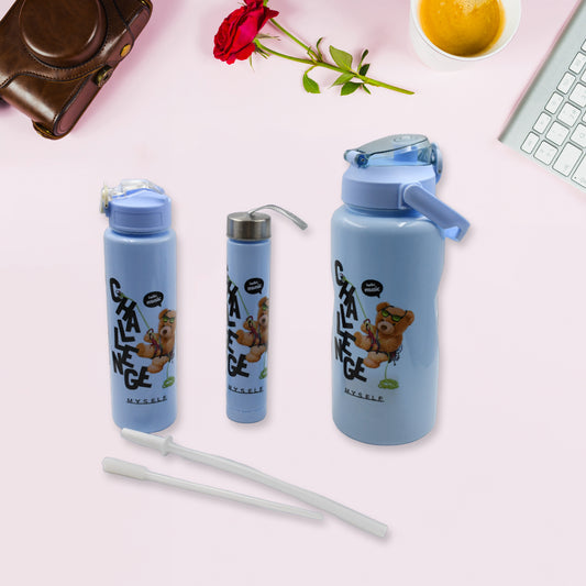 Cartoon Design Water Bottle Set, 3 Pieces, BPA-Free Plastic, Different Sizes, Blue Color with Bear Print, for School, Office, Sports