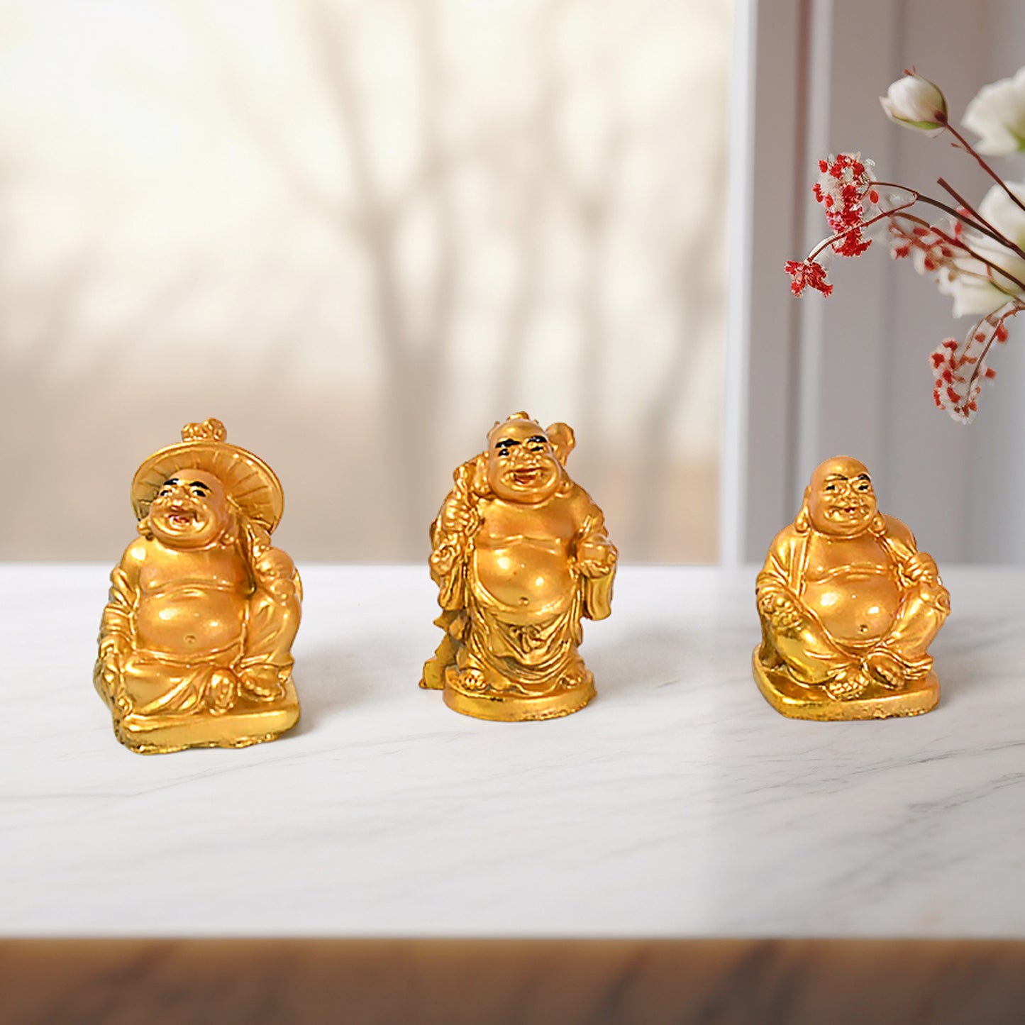 Golden Laughing Buddha Figurines, Set of 6 Unique Poses, 26 cm, Antique Gold