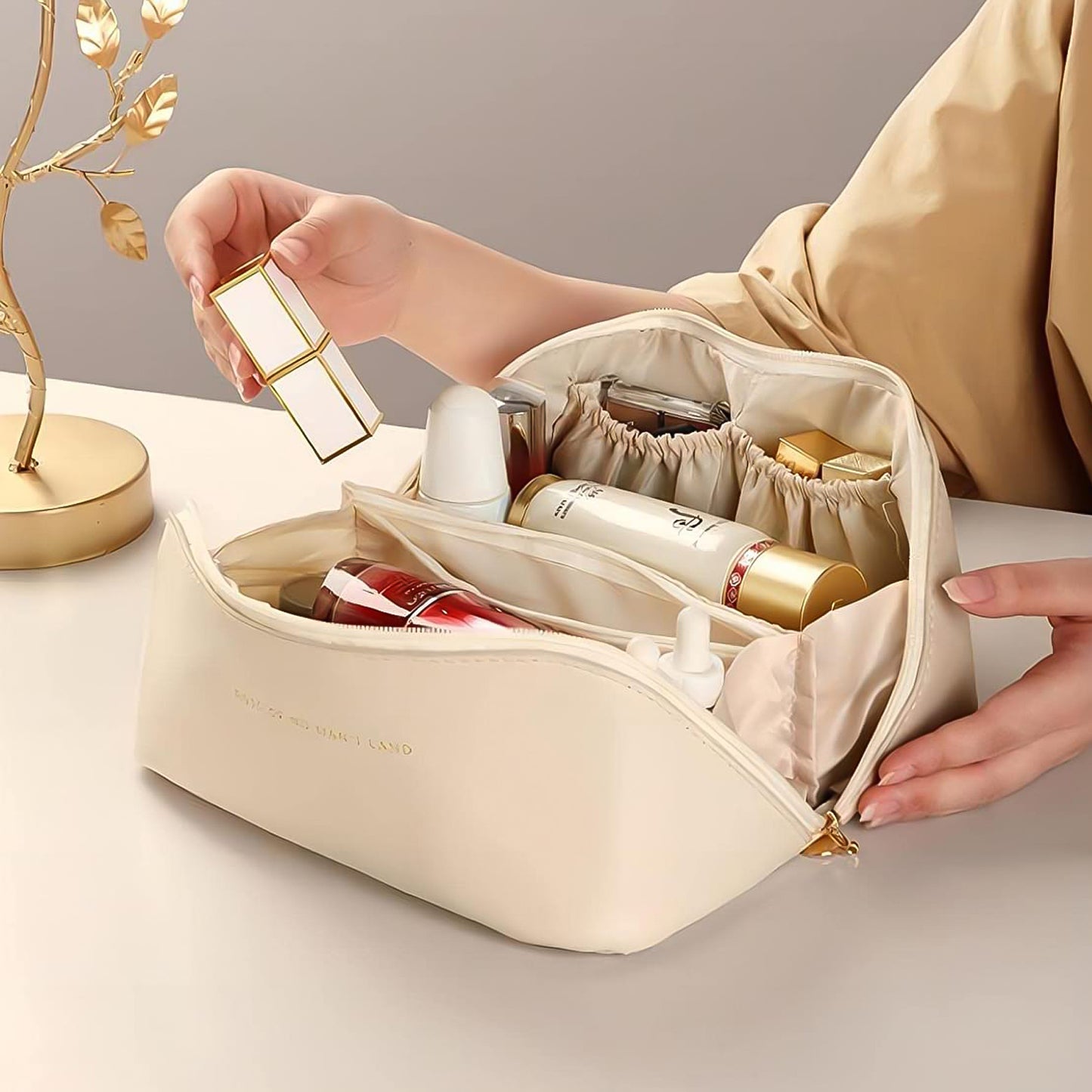 Portable Cosmetic Travel Bag, Waterproof, 28 x 14 x 5 cm, Cream, with Metal Zipper and Reinforced Handle
