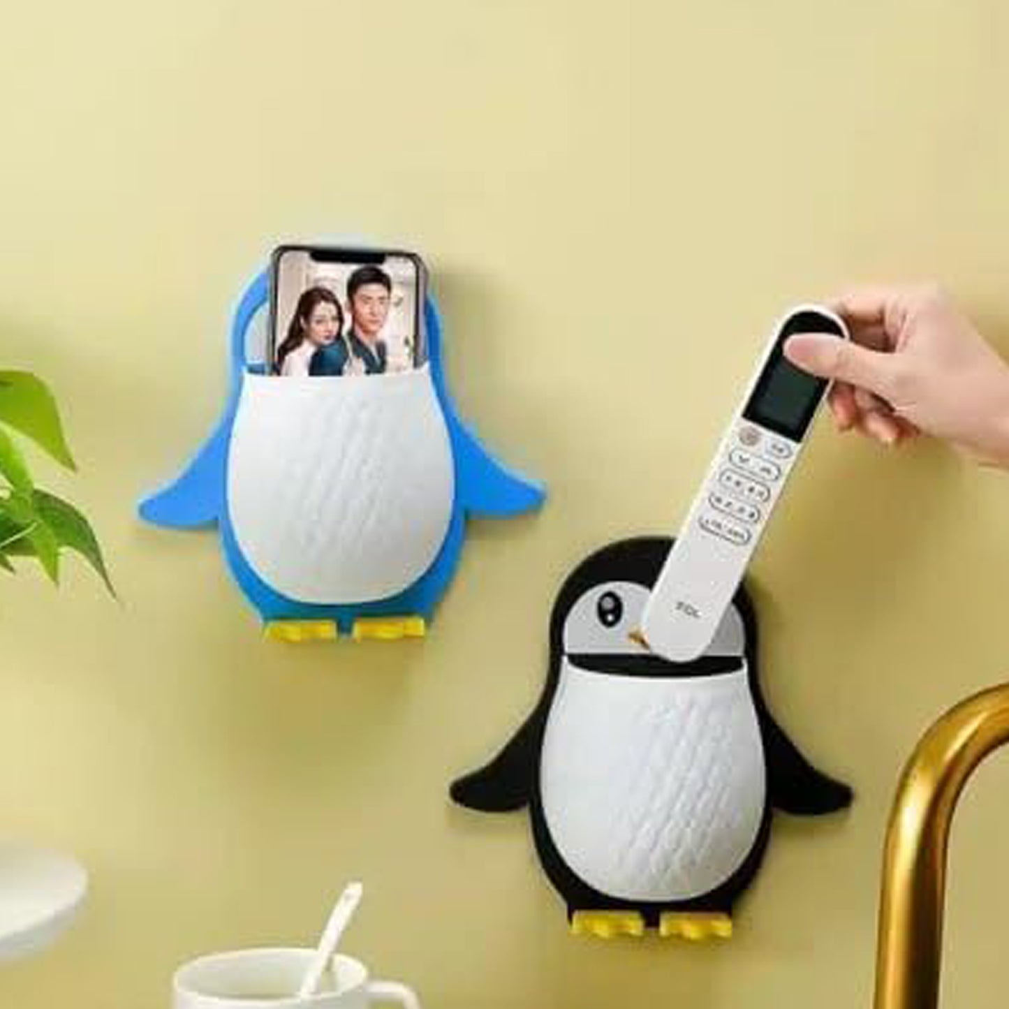Penguin Wall Mount Storage Box – Self-Adhesive Remote Holder, Toothbrush & Controller Organizer, Plastic Wall Nightstand for Bedroom, Office, Bathroom, Kitchen (1 Pc)