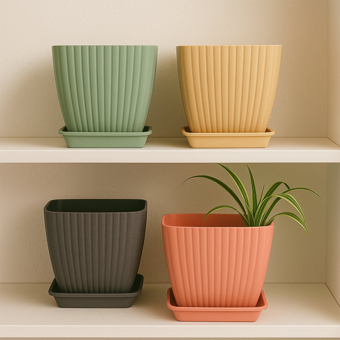 Square Flower Pots with Drainage, Set of 5 Plastic Planters with Trays, Multi-Colour, 17 x 17 x 30 cm, Indoor & Outdoor Use