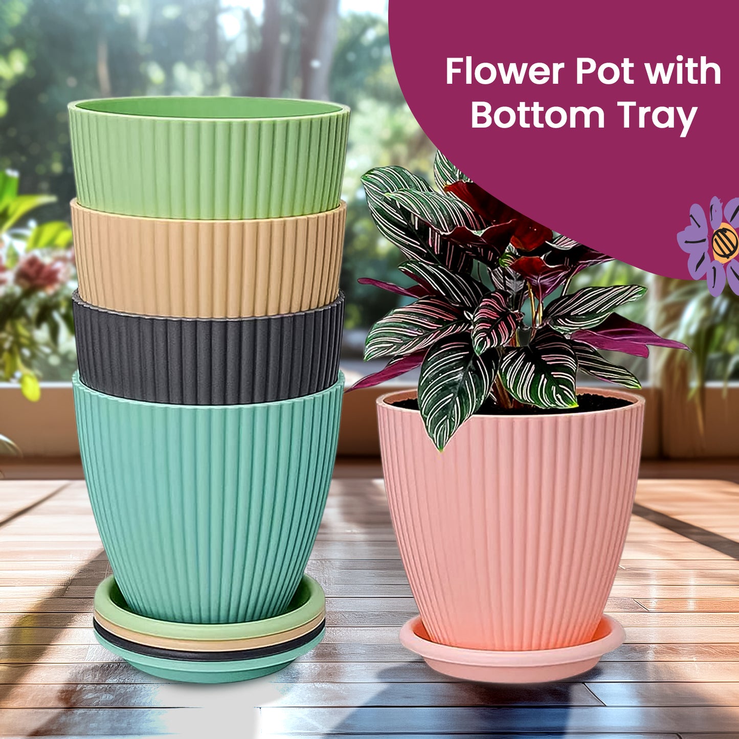 Round Plastic Flower Pots with Trays, 17 x 17 x 26 cm, Set of 5, Indoor Outdoor Planters
