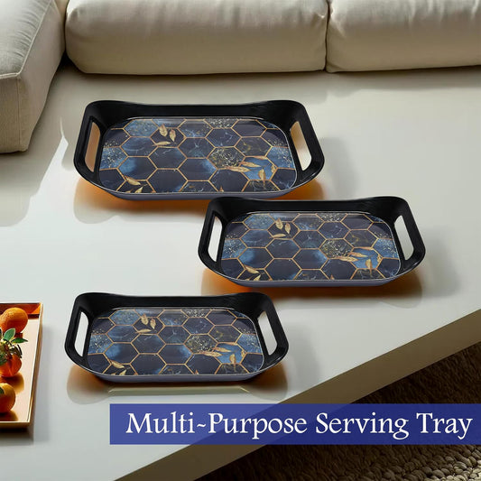 Decorative Serving Tray Set with Hexagonal Pattern, 3-Piece, Black and Gold, 49 cm x 26 cm