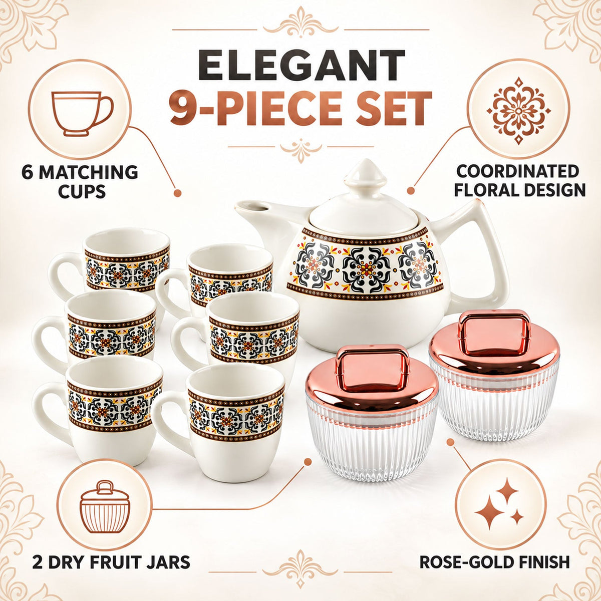 Tea Gift Set With Kettle 6 Cups And 2 Dry Fruit Jars (9 Pc)