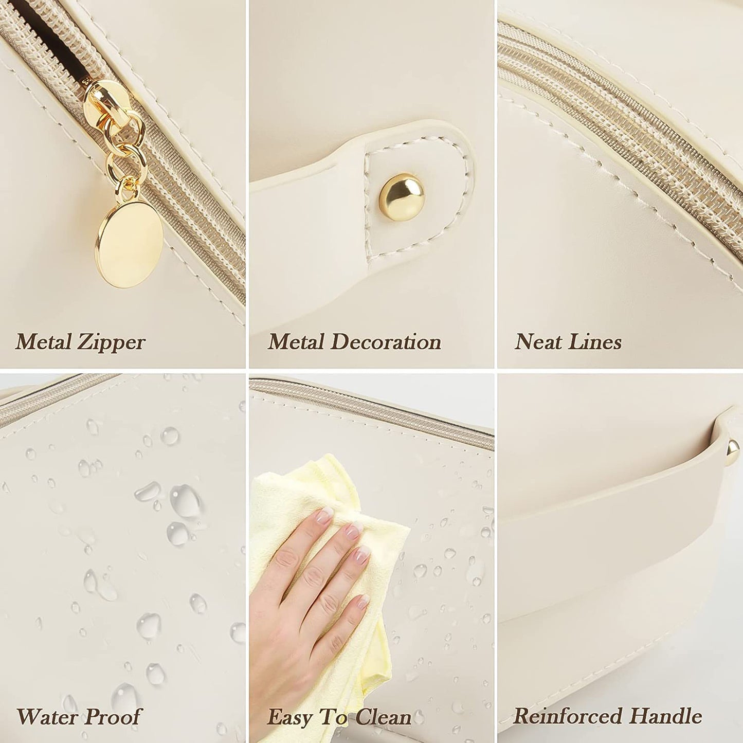 Portable Cosmetic Travel Bag, Waterproof, 28 x 14 x 5 cm, Cream, with Metal Zipper and Reinforced Handle