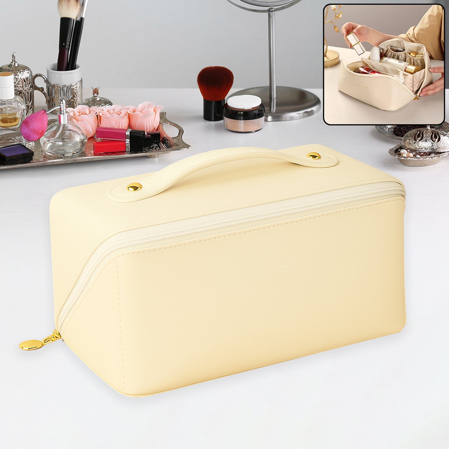 Portable Cosmetic Travel Bag, Waterproof, 28 x 14 x 5 cm, Cream, with Metal Zipper and Reinforced Handle