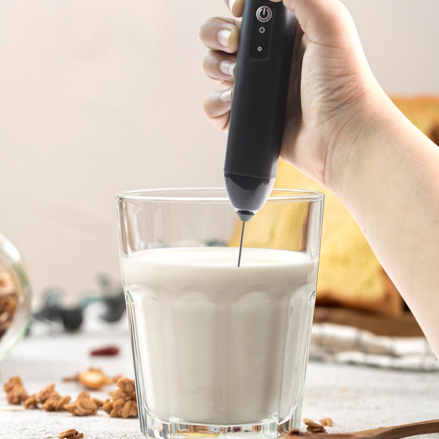 Small Electric Handheld Milk Frother with Stainless Steel Whisk – Battery-Operated Foam Maker for Coffee, Latte, Cappuccino, Hot Chocolate & More – High-Speed Portable Drink Mixer with Power Button (1 Pc)