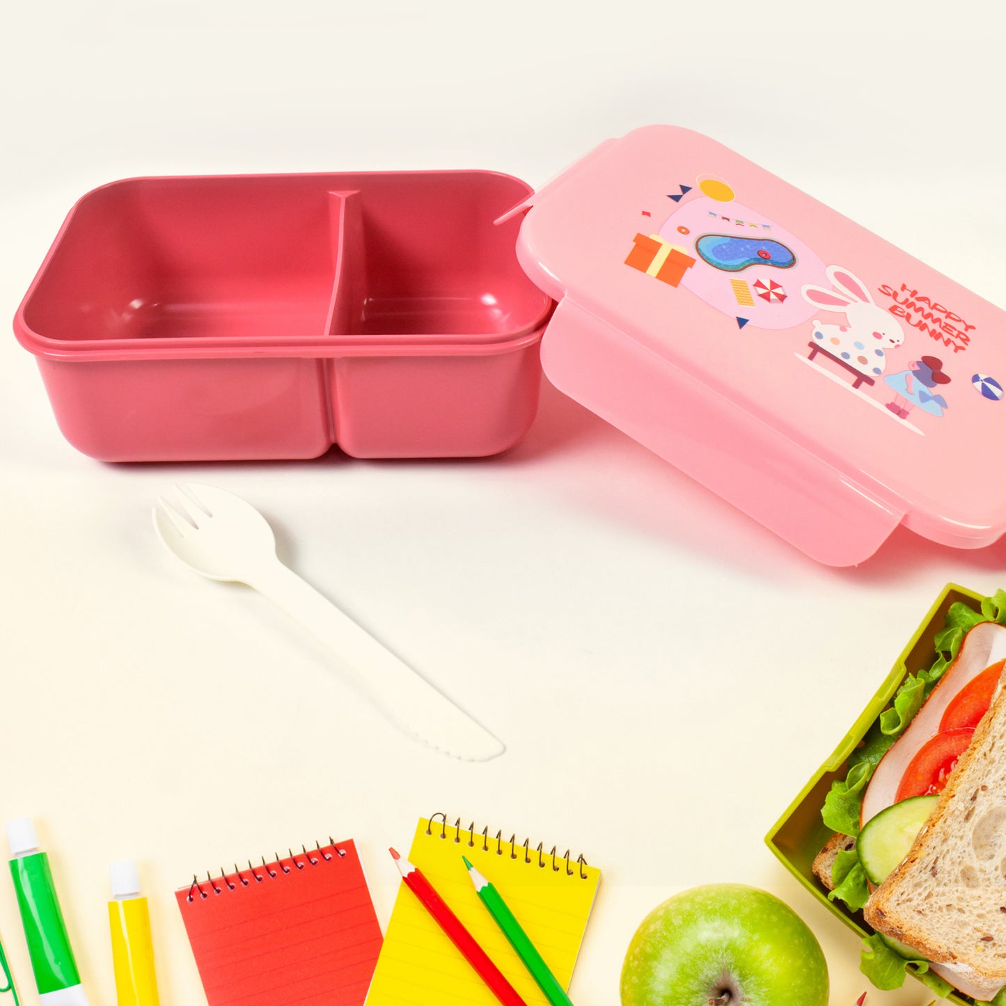 Plastic Lunch Box Combo – Leak-Proof 2-Compartment with Bottle & Fork | Microwave & Freezer Safe | Mix Color (1 Set)