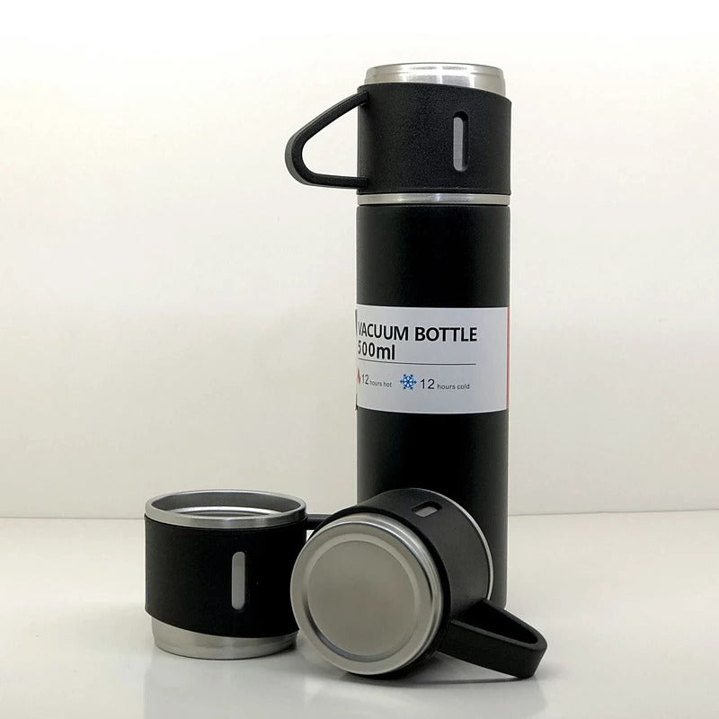 Stainless Steel Vacuum Flask Set, 500ml, Double-Wall Insulated, 3 Steel Cups