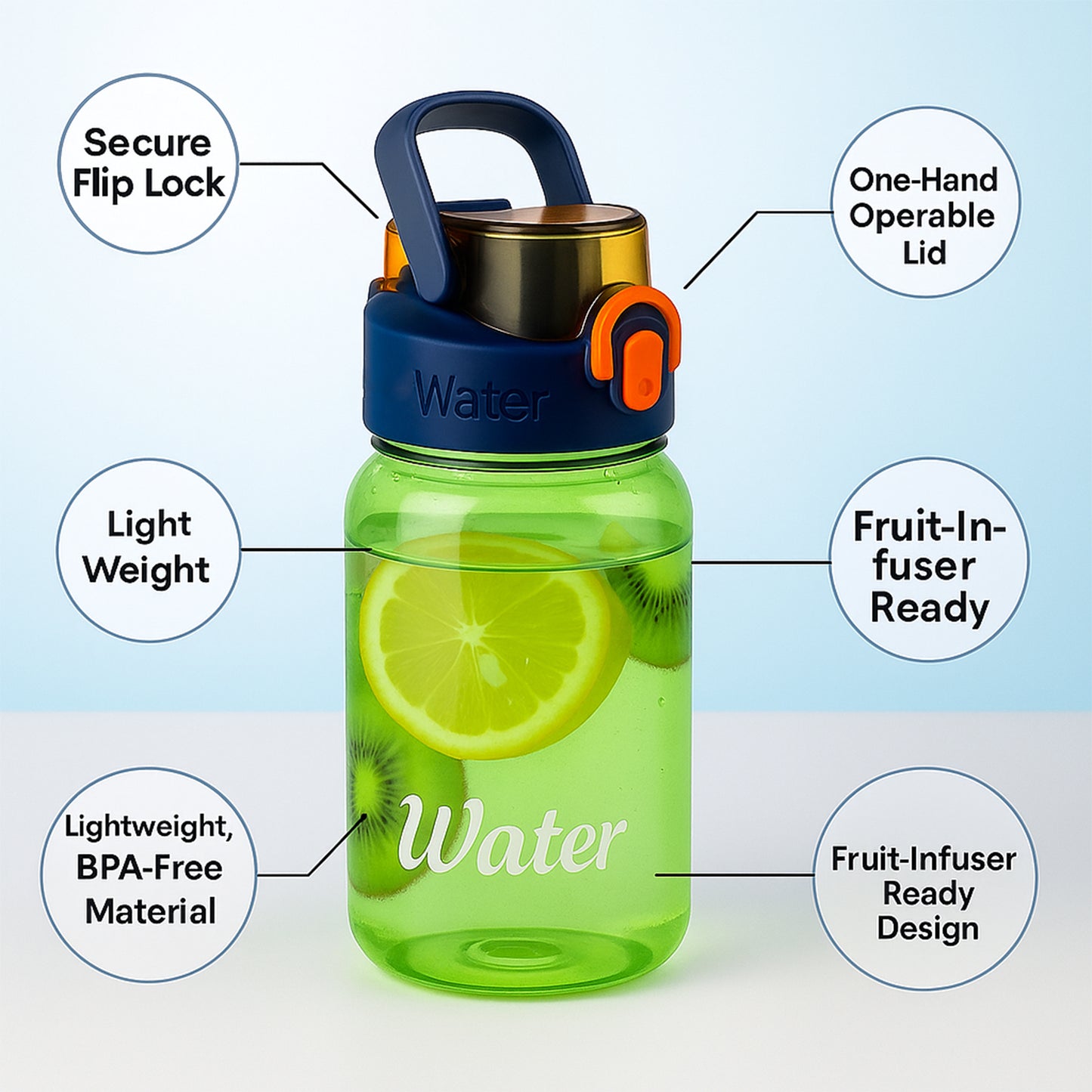 Fruit Infuser Water Bottle, 600ml, BPA-Free, Leak-Proof Flip Lock Lid with Handle