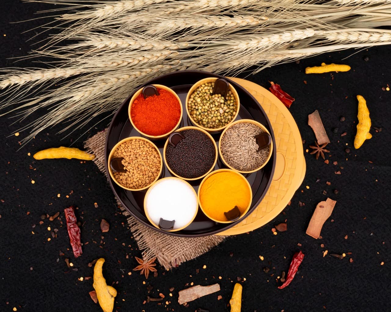Round Masala Spice Box with 7 Removable Containers, 19 cm Diameter, Brown and Yellow, Includes Measuring Spoons