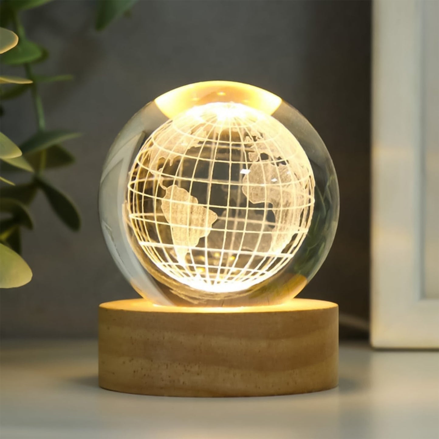 3D Crystal Ball Night Lamp with Wooden Base – World Globe LED Night Light for Bedroom, Home Decoration, Gifts for Men & Women, Room Decor for Friends & Family (1 Pc)