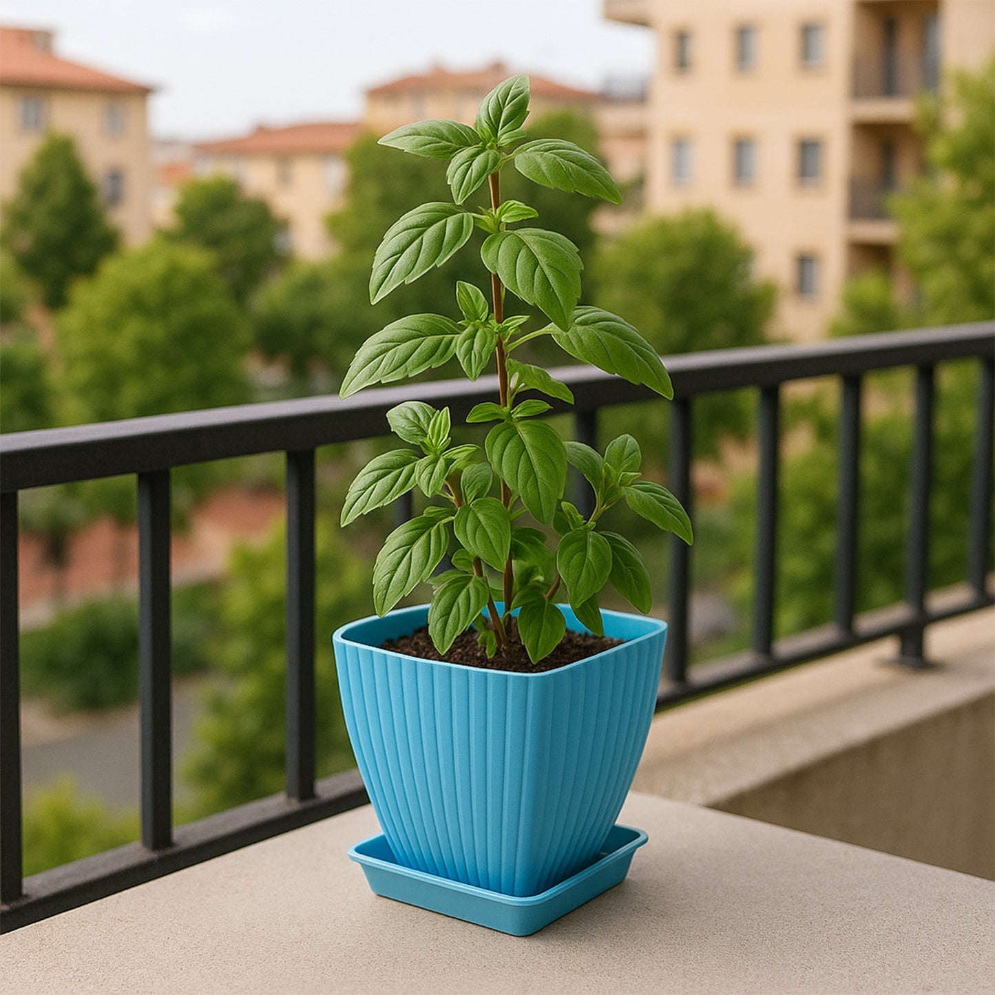 Square Flower Pots with Drainage, Set of 5 Plastic Planters with Trays, Multi-Colour, 17 x 17 x 30 cm, Indoor & Outdoor Use