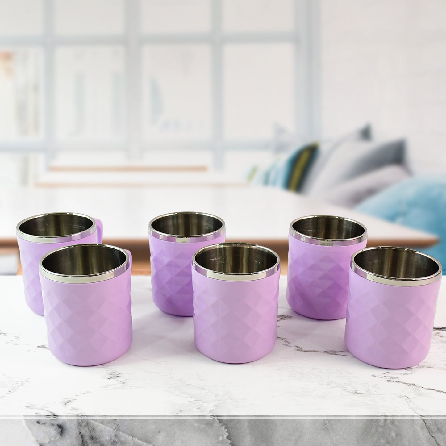 Silika Double Wall Tea Cup Set, 200ml, Stainless Steel Inner, Diamond Pattern, 6 Pieces