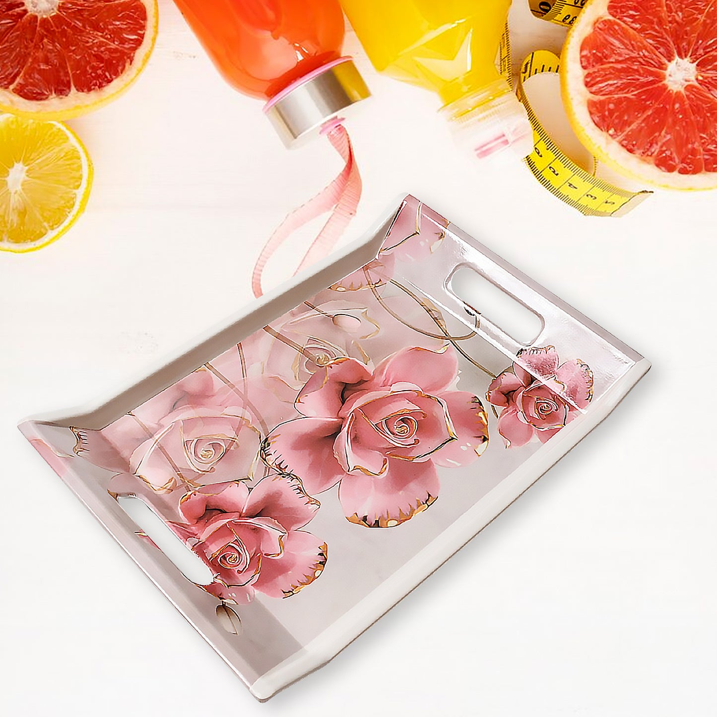 Decorative Plastic Serving Trays with Pink Rose Design, Set of 3, 35 cm x 25 cm, White