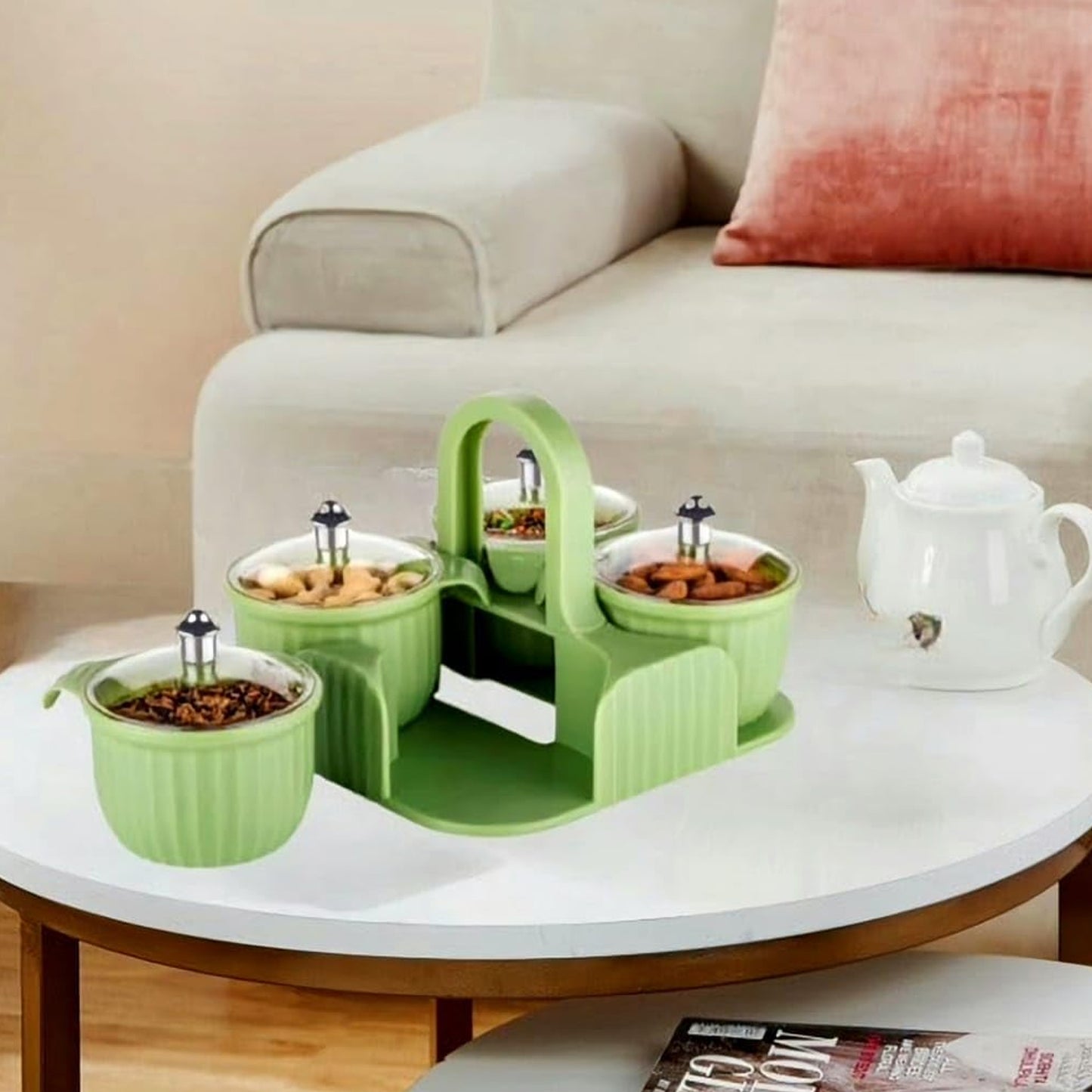 4-Piece Dry Fruit Storage Container Set with Carrier, Plastic Jars with Lids, 19 x 17 x 10 cm