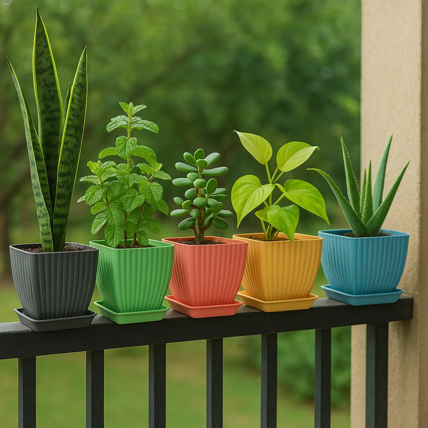 Square Flower Pots with Drainage, Set of 5 Plastic Planters with Trays, Multi-Colour, 17 x 17 x 30 cm, Indoor & Outdoor Use