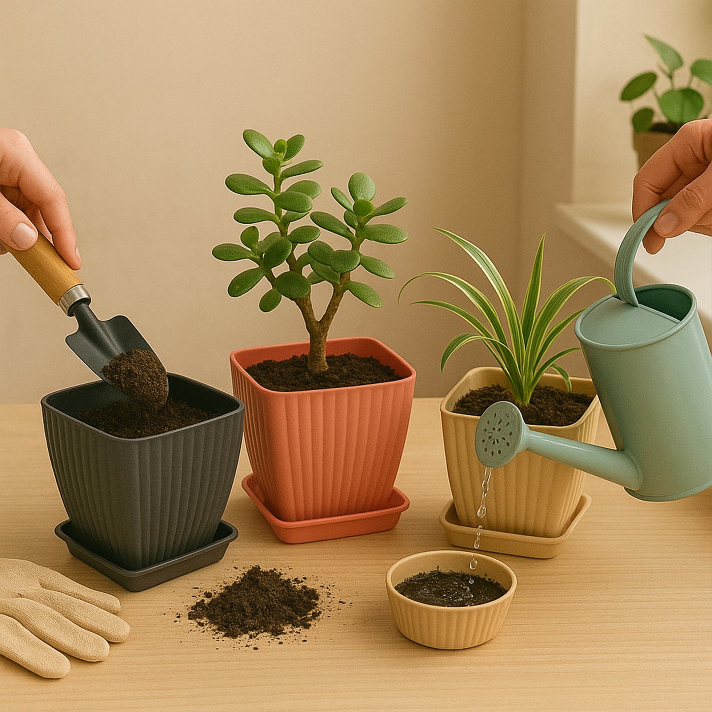 Square Flower Pots with Drainage, Set of 5 Plastic Planters with Trays, Multi-Colour, 17 x 17 x 30 cm, Indoor & Outdoor Use