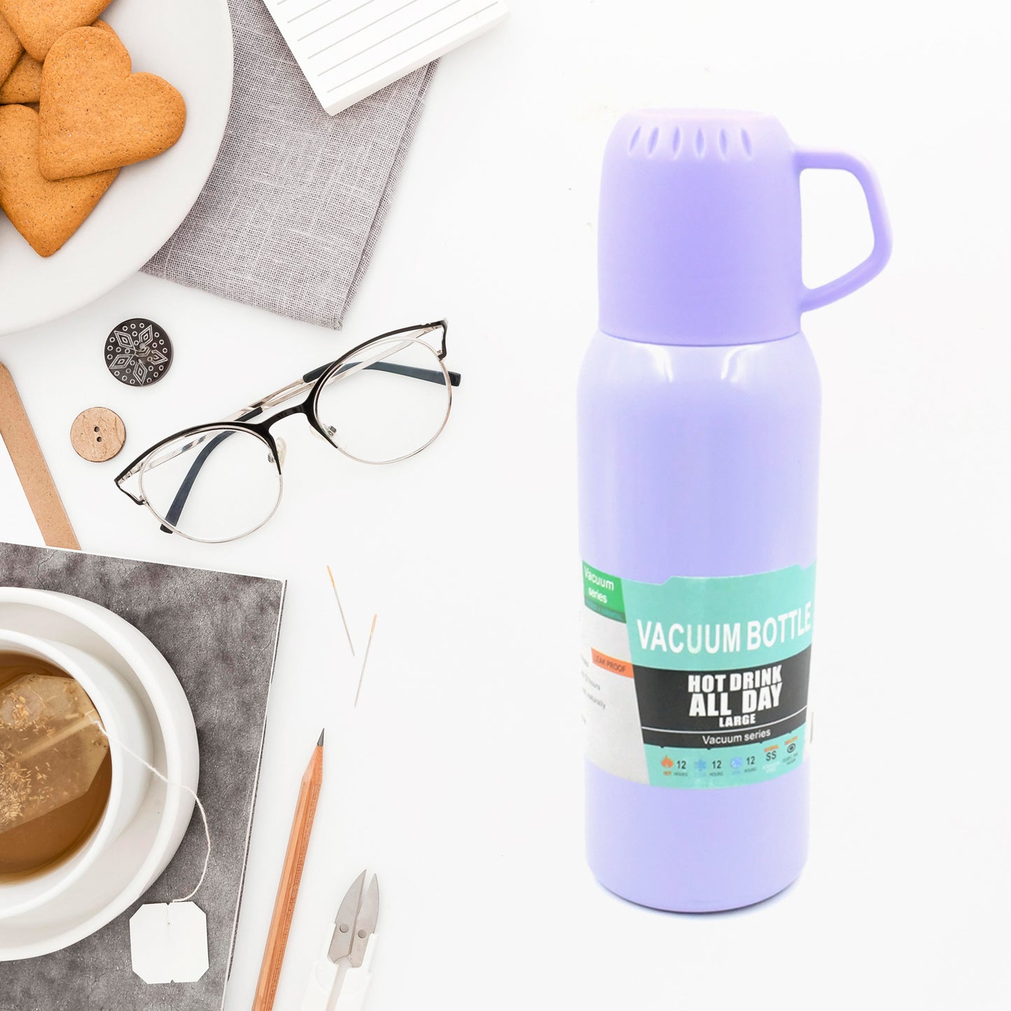 Stainless Steel Vacuum Flask Set (500ml) – Double Wall Insulated Thermos Bottle with 3 Cups & Handle | Leak-Proof Portable Travel Water Bottle for Tea, Coffee, Office, Car & Outdoor Use – Gift Set