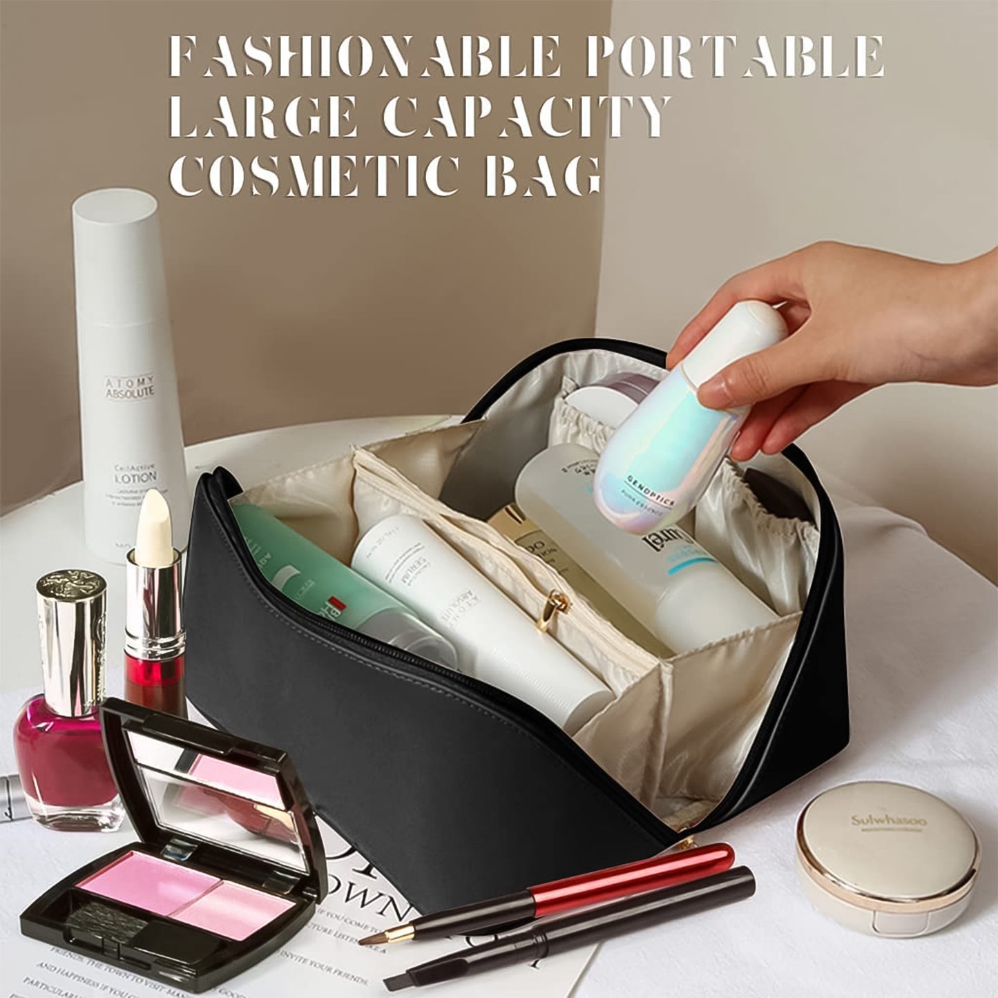 Portable Premium Travel Makeup & Toiletry Organizer Pouch – Waterproof Cosmetic Storage Bag with Zipper & Handle (1 Pc)